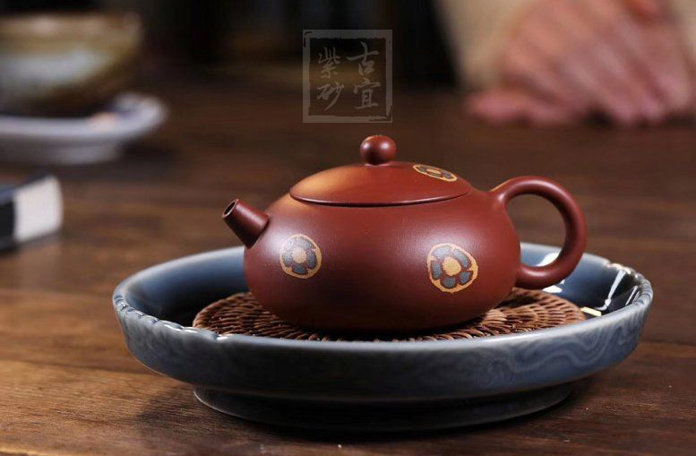 《印花扁西施》宜興紫砂壺實力派名家純手工禮品茶具紅皮龍西施茶壺
